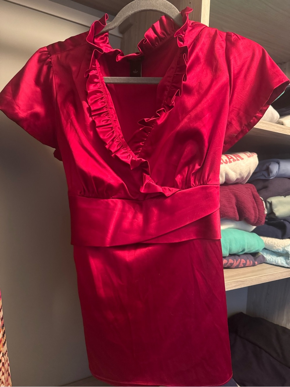 Ann Taylor Red Ruffle V-Neck Blouse